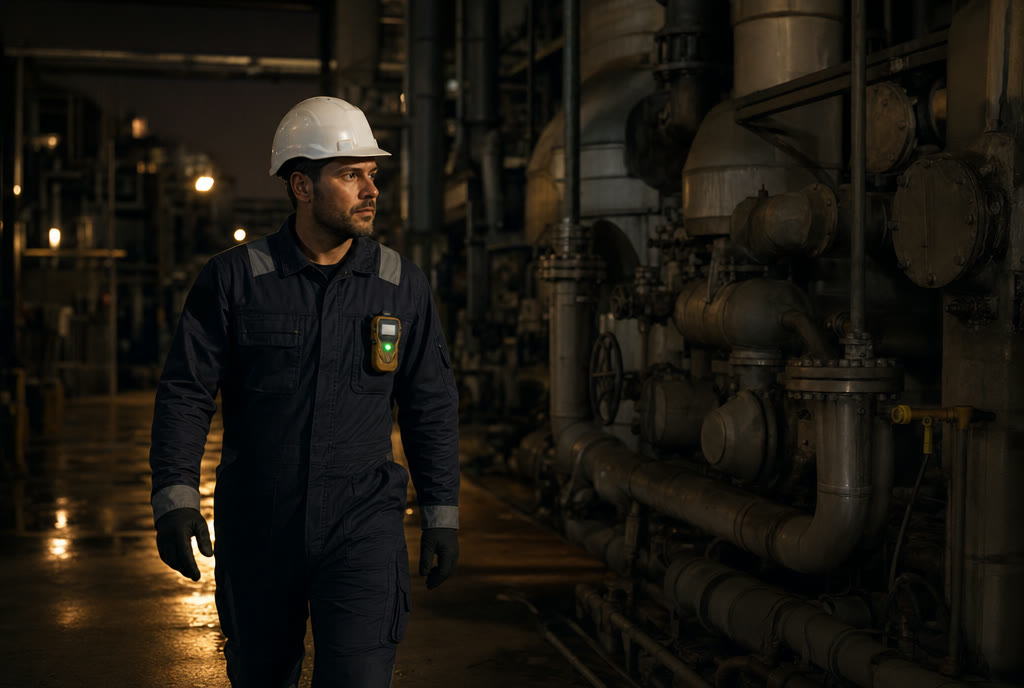 Tecnico attraversa un impianto industriale con rilevatore gas