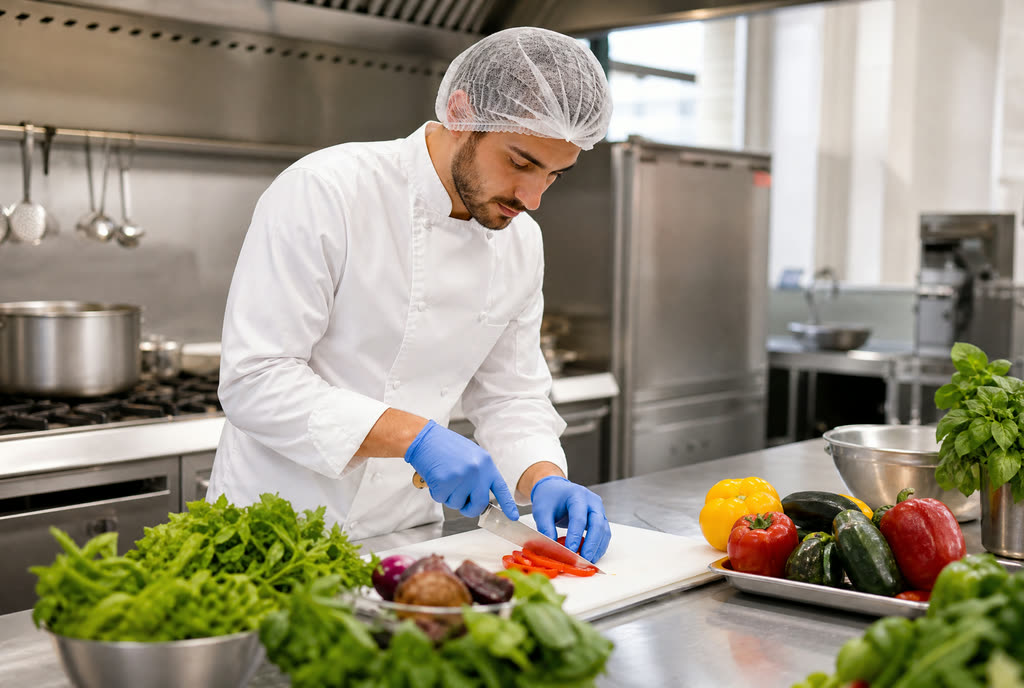 Cuoco con cuffia e guanti prepara alimenti in una cucina professionale