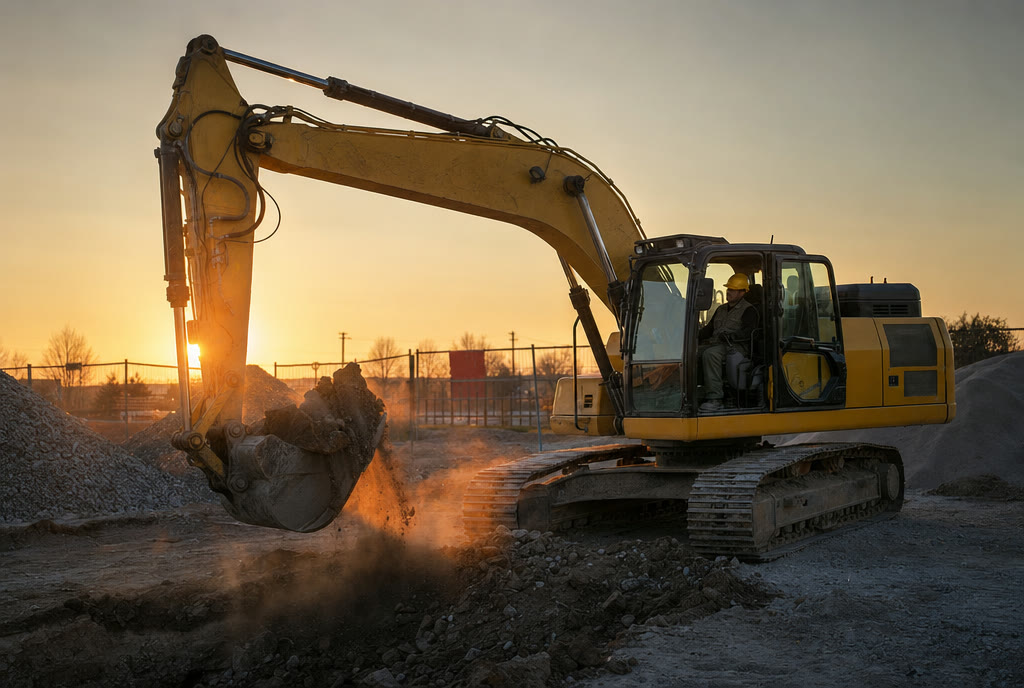 Escavatore al lavoro in cantiere con operatore in cabina