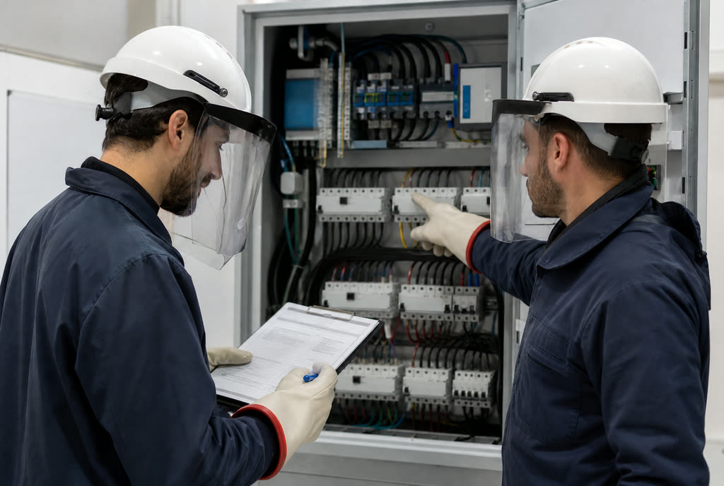 Due elettricisti con visiera davanti a un quadro BT aperto, procedura alla mano
