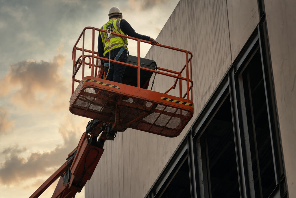 Operatore su piattaforma di lavoro elevabile in cantiere
