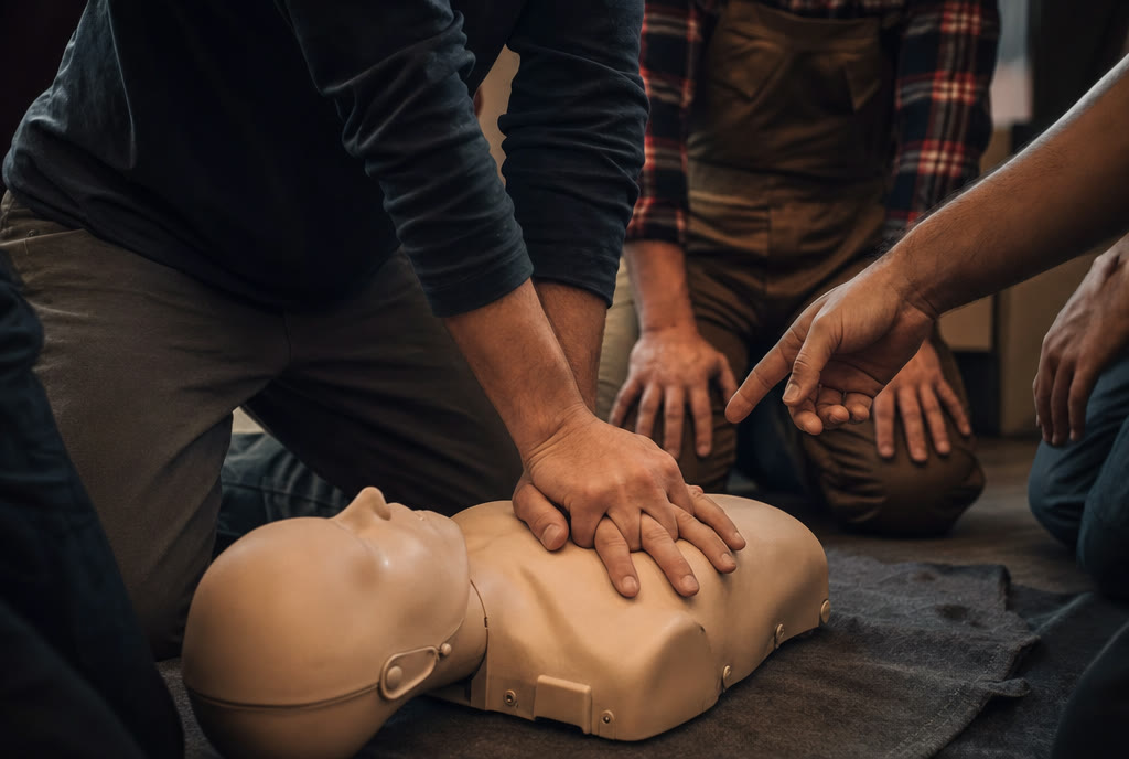 Esercitazione di rianimazione su manichino al corso di primo soccorso