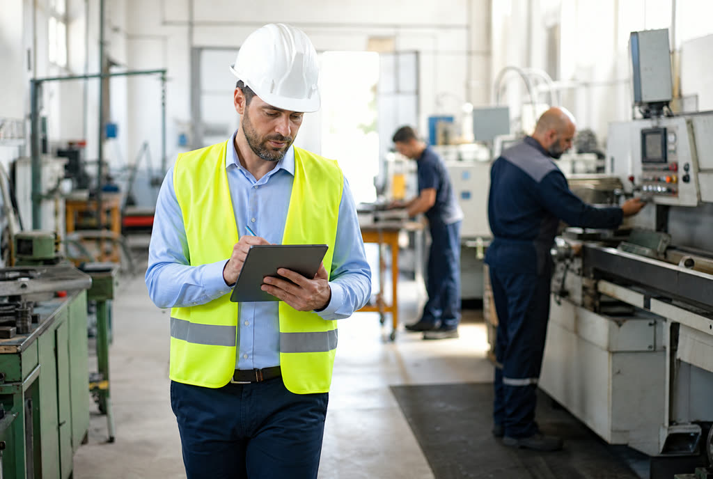 Consulente della sicurezza durante il sopralluogo in un'officina